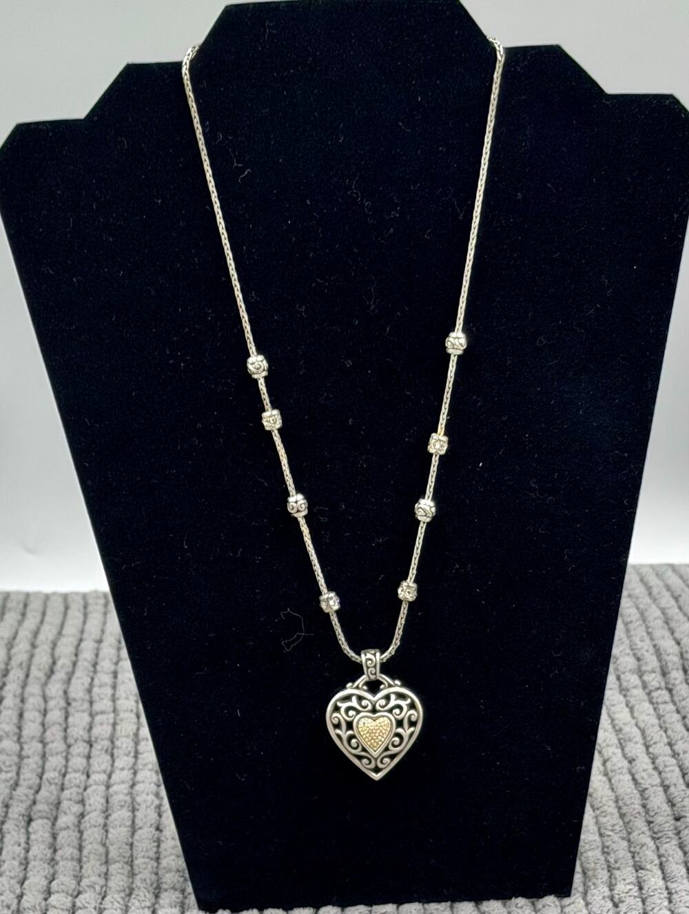 Brighton Silver Plate RENO Reversible Heart Crystal Pendant Bead 20” Necklace